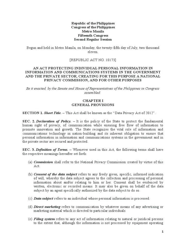 Data Privacy Act of 2012 (RA 10173) | PDF | Information Privacy ...