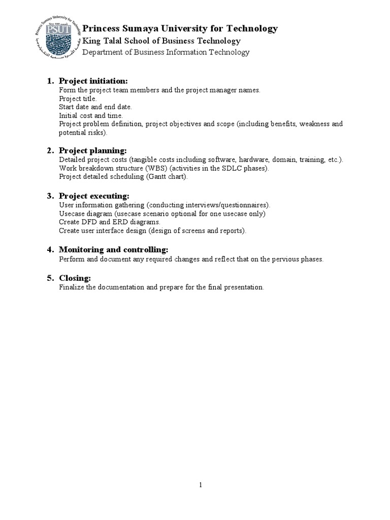 Princess Sumaya University For Technology: 1. Project Initiation | PDF