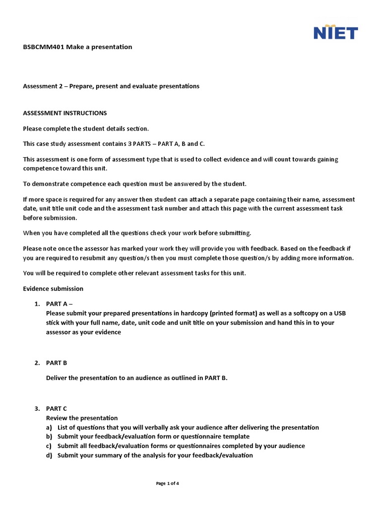 BSBCMM401 Presentation Assessment Guide | PDF | Nonverbal Communication ...