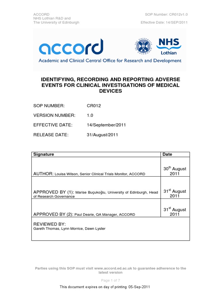 Procedures for Identifying, Recording, and Reporting Adverse Events in