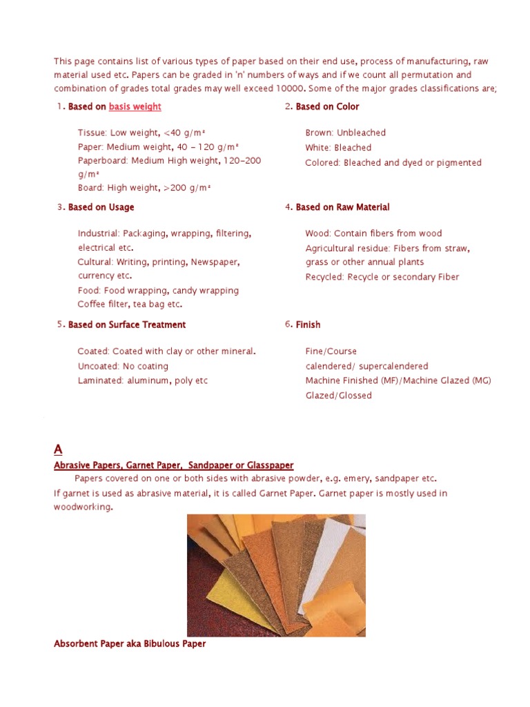 Types and Classifications of Paper | PDF | Paperboard | Paper