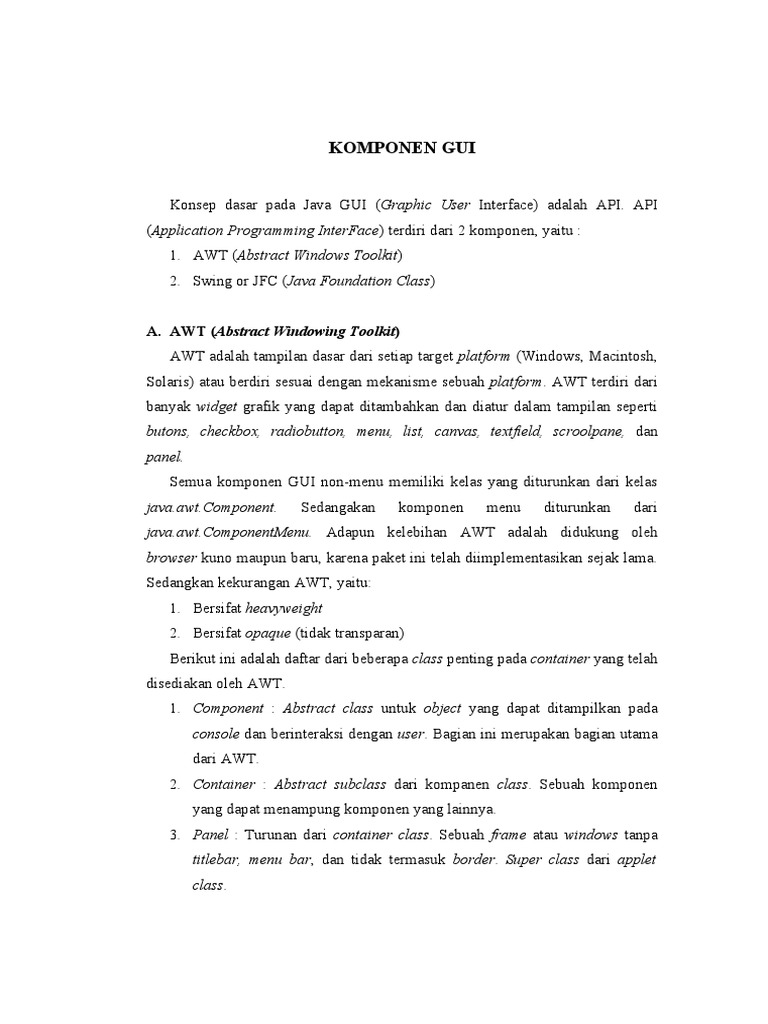Komponen Utama dalam GUI Java | PDF | Metode & Bahan Ajar | Komputer
