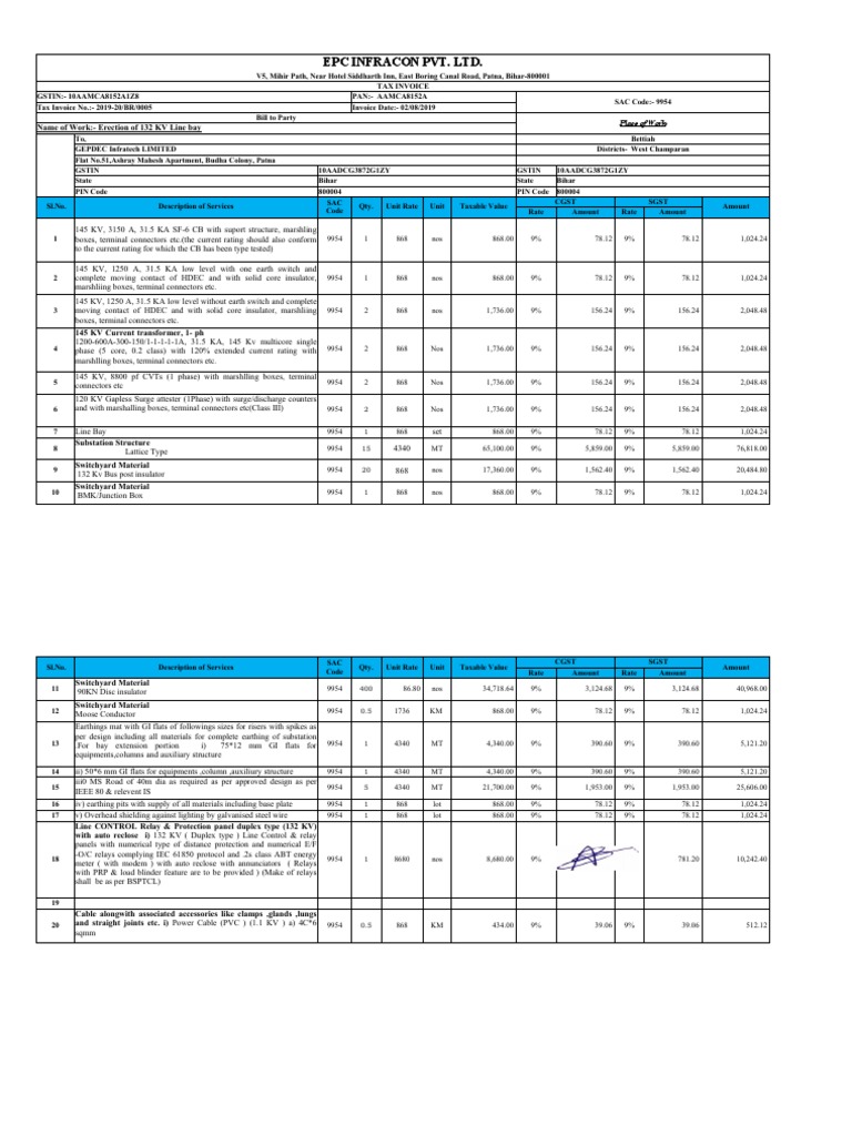 Epc Infracon Pvt. LTD.: Name of Work:-Erection of 132 KV Line Bay | PDF ...
