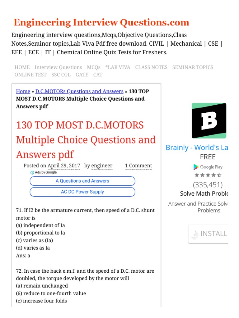 130 TOP MOST D.C.MOTORS Multiple Choice Questions and Answers PDF D.C
