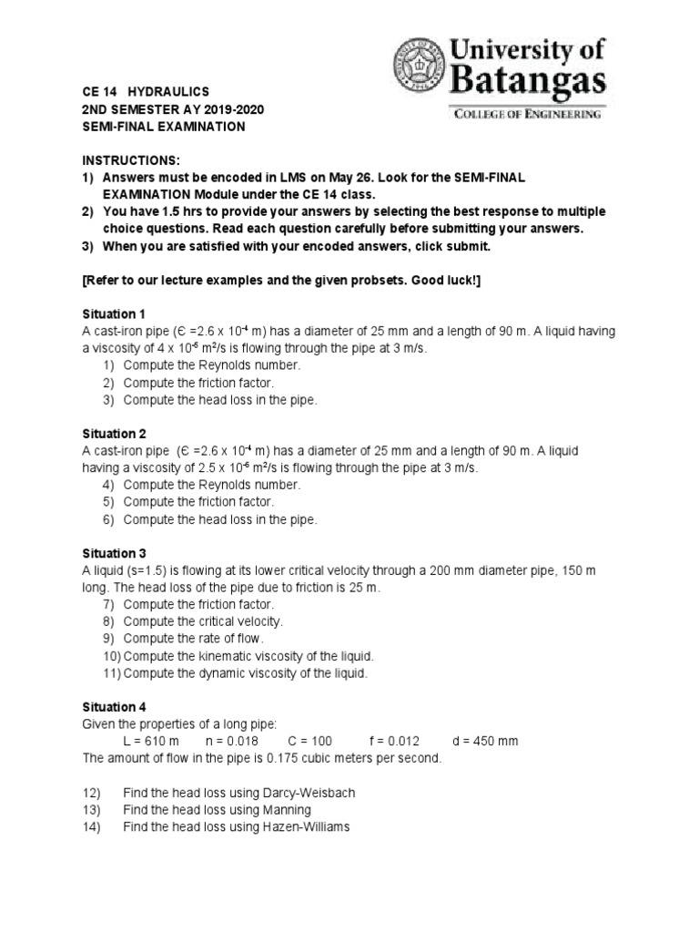 CE 14 Hydraulics SemiFinal Examination A 45Question Assessment
