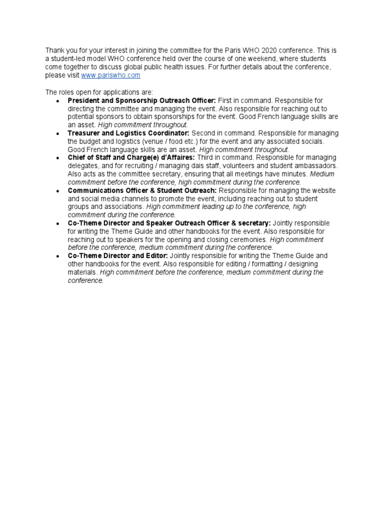 Paris WHO 2020 Committee Application Guide | PDF | World Health ...