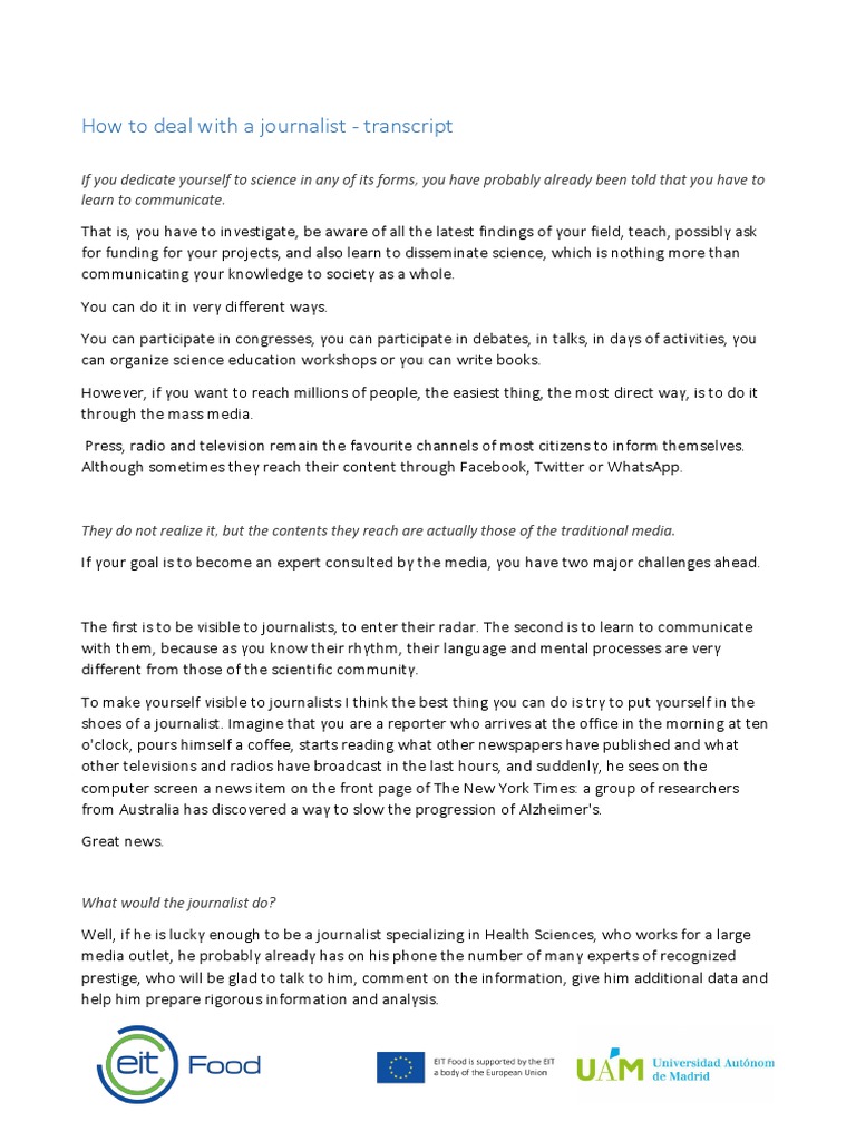 How To Deal With A Journalist - Transcript | PDF | Expert | Mass Media