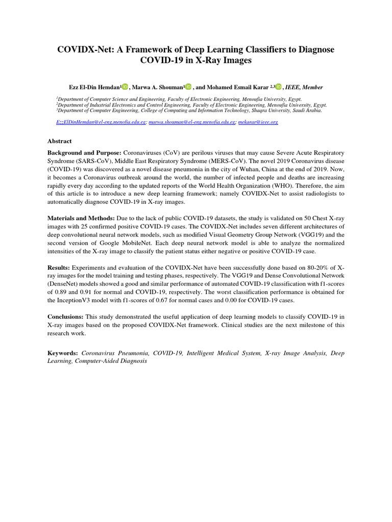 COVIDX-Net: A Framework of Deep Learning Classifiers To Diagnose COVID ...