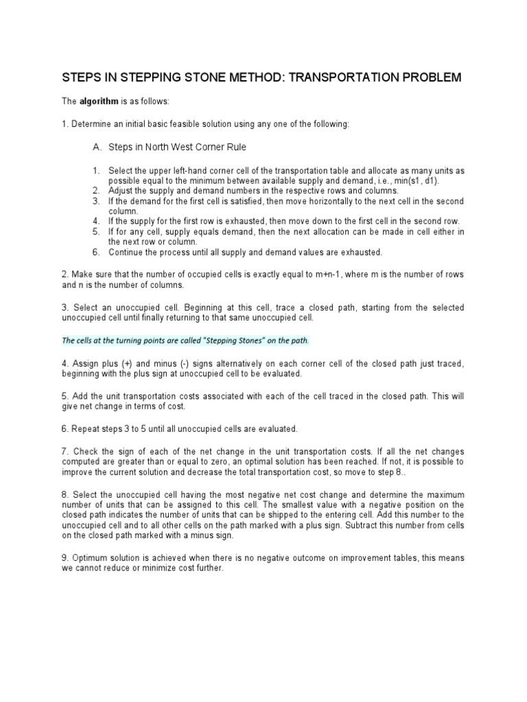 Steps in Stepping Stone Method PDF Mathematics Of Computing