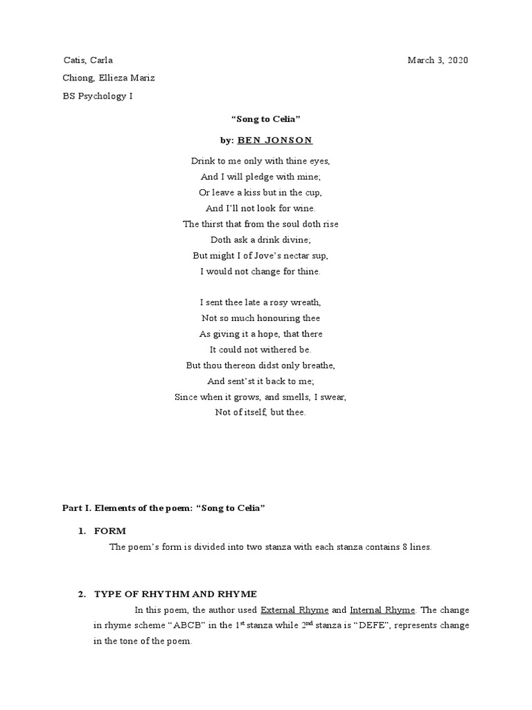 "Song To Celia" By Ben Jonson ST ND PDF Poetry Love