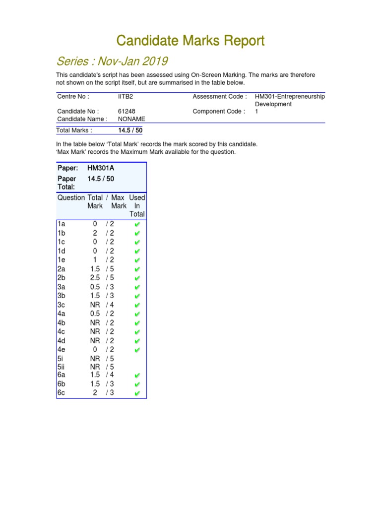 Candidate Marks Report: Series: Nov-Jan 2019 | PDF | Business | Computers