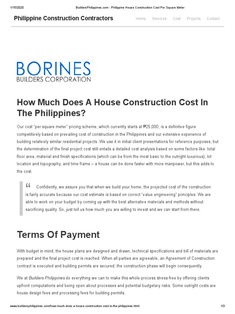 Philippine House Construction Cost Per Square Meter PDF Economies