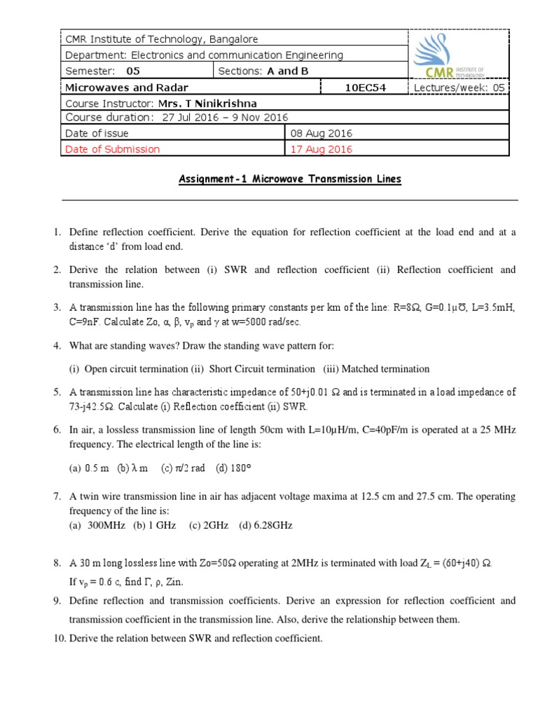 Mwr Assignment 1 Transmission Line Physical Quantities