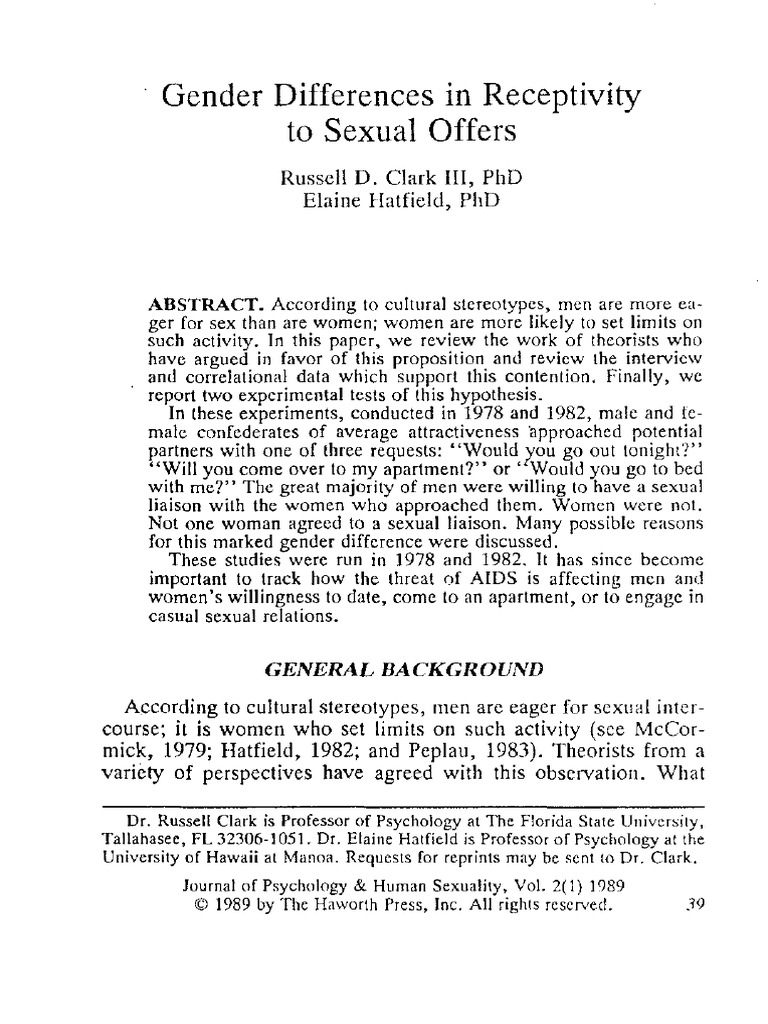 Gender Differences in Receptivity To Sexual Offers: D. Iii, PHD PHD ...