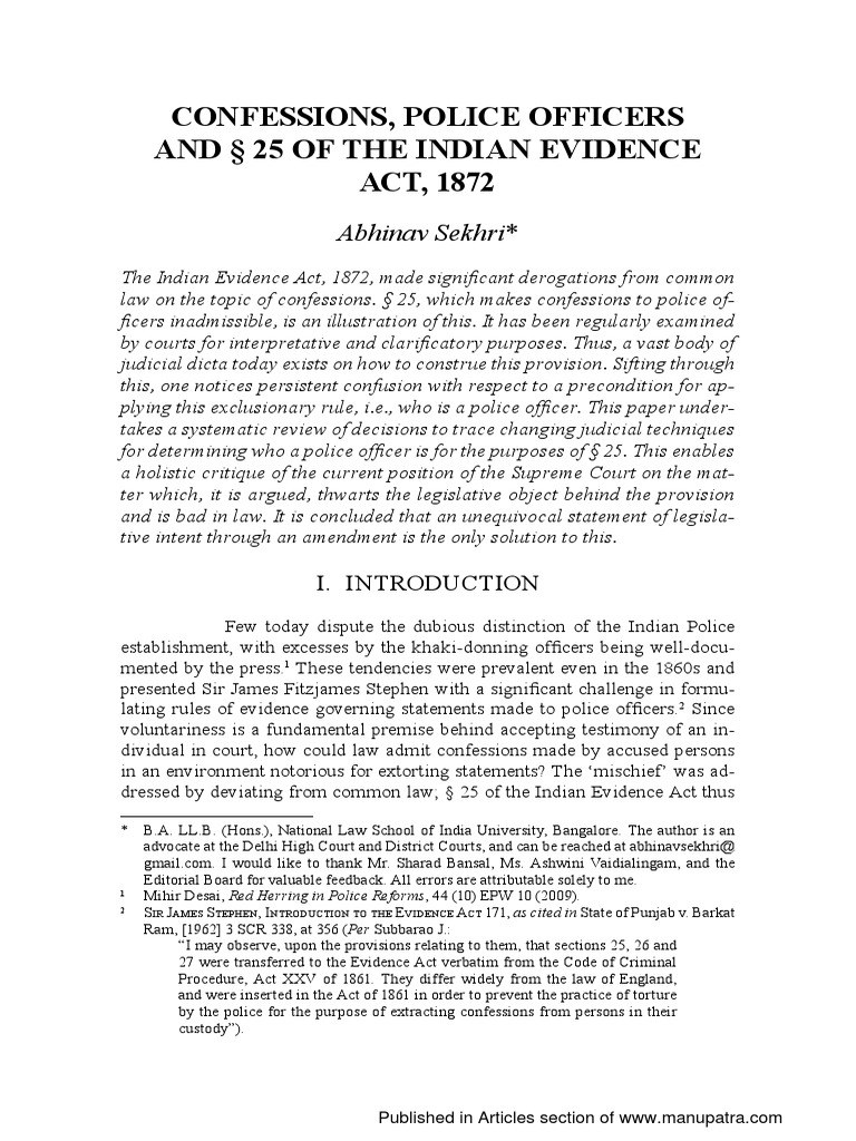 Confessions, Police Officers and 25 of The Indian Evidence ACT, 1872