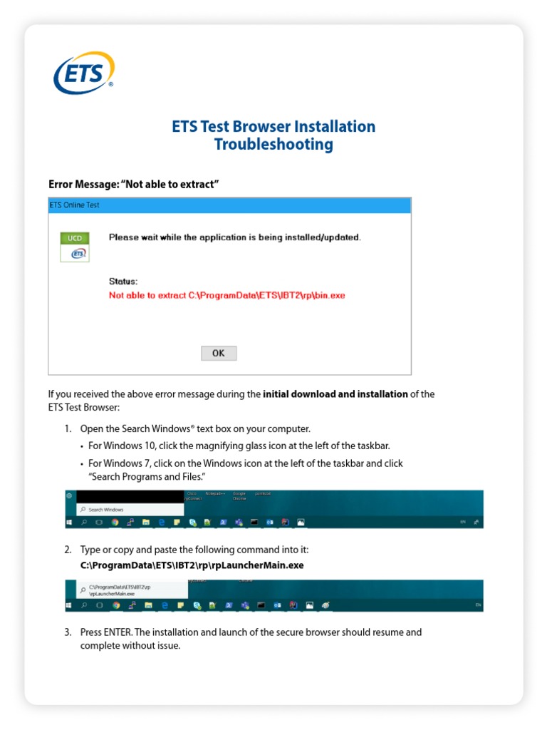 ETS Test Browser Installation Troubleshooting Error Message "Not Able