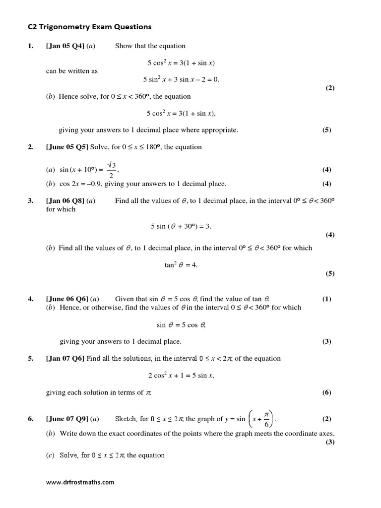C2 Trigonometry Exam Questions & Solutions | PDF | Equations ...