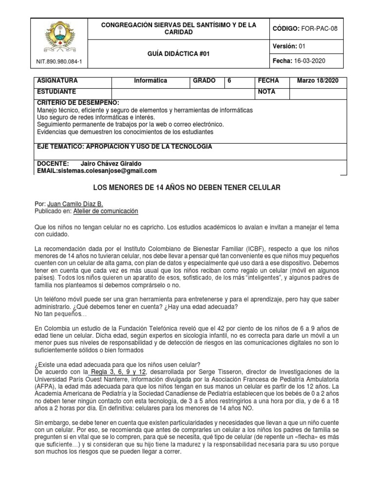 Guia Didactica 01 Grado 6 Informatica | PDF | Teléfonos móviles | Salud ...