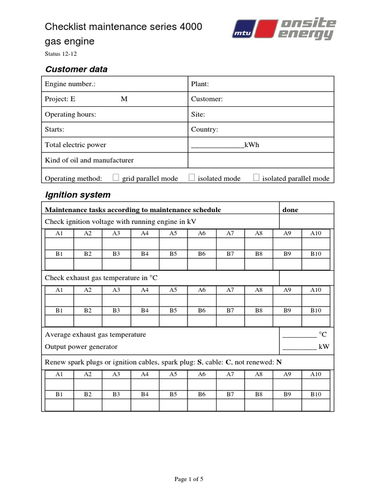 Gas Engine Maintenance Checklist 4000 | PDF | Carbon Monoxide | Exhaust Gas