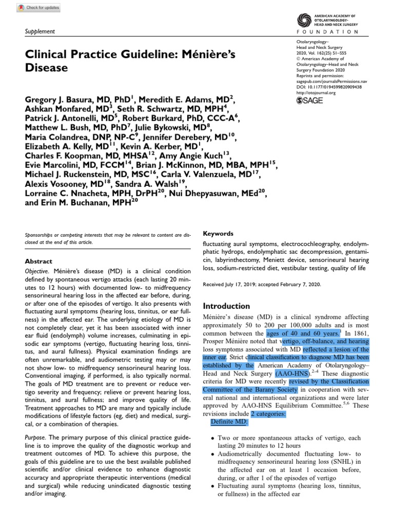 Clinical Practice Guideline - Ménière's Disease PDF | PDF | Evidence ...