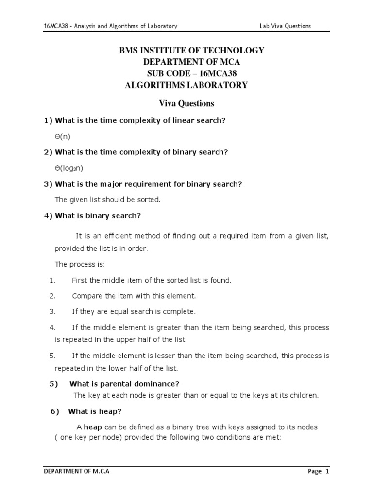 Bms Institute of Technology Department of Mca Sub Code 16mca38