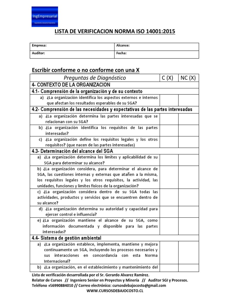 5.-LISTA DE VERIFICACION NORMA ISO 14001 - 2015 Rev.1 | PDF ...