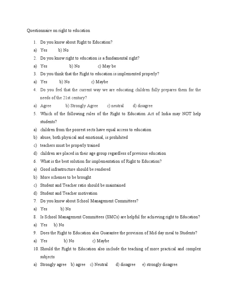 Right to Education Questionnaire | PDF | Wellness