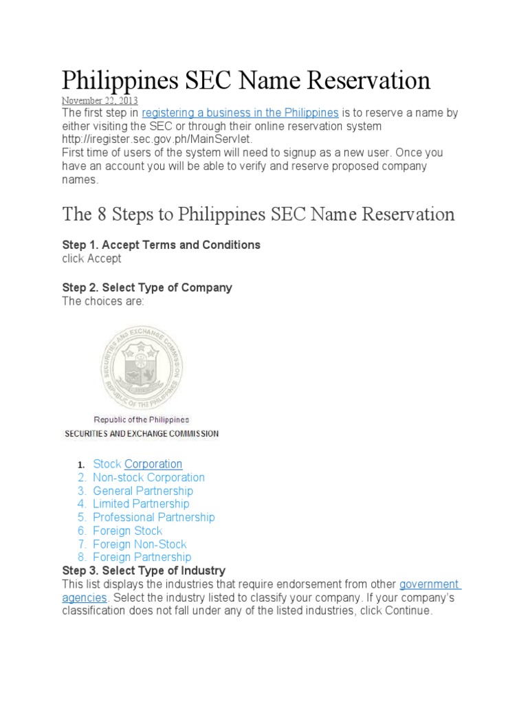 Philippines SEC Name Reservation | PDF | Cheque | Business