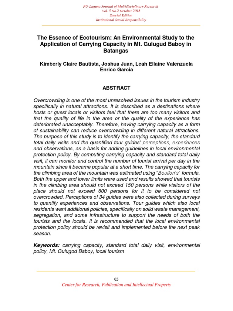 Carrying Capacity of Mt. Gulugod Baboy | PDF | Tourism | Sustainability