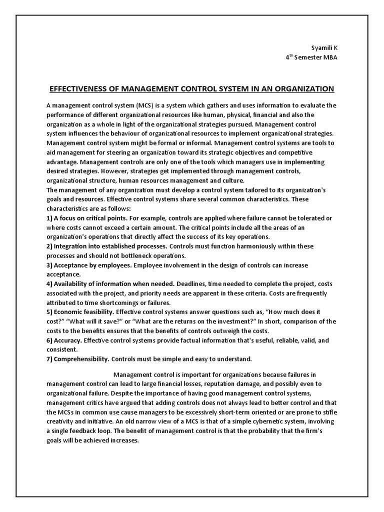 Effectiveness of Management Control System in An Organization | PDF ...