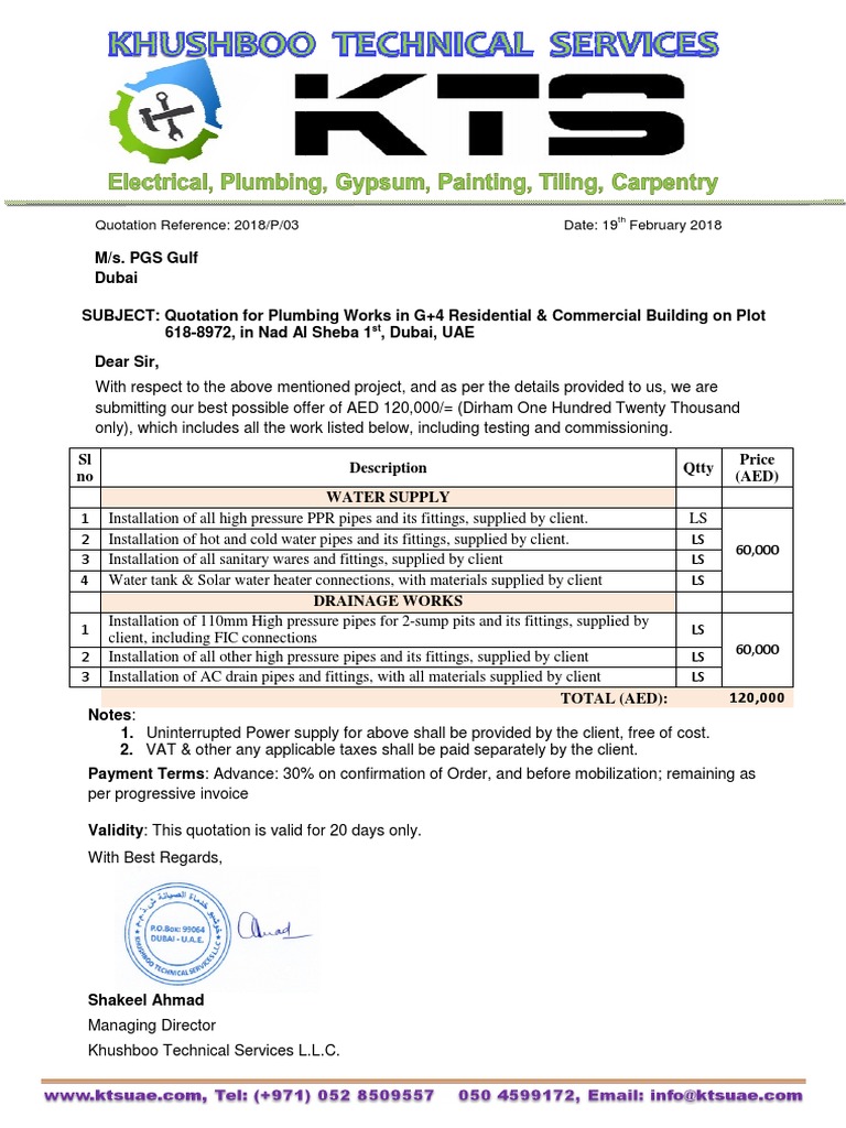 Plumbing Quotation for Nad Al Sheba Project | PDF | Pipe (Fluid ...