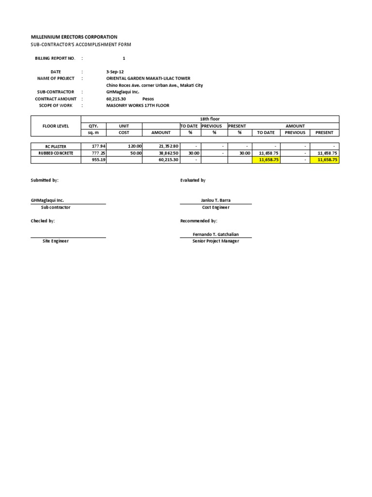 Sub-Contractor'S Accomplishment Form: Millennium Erectors Corporation ...