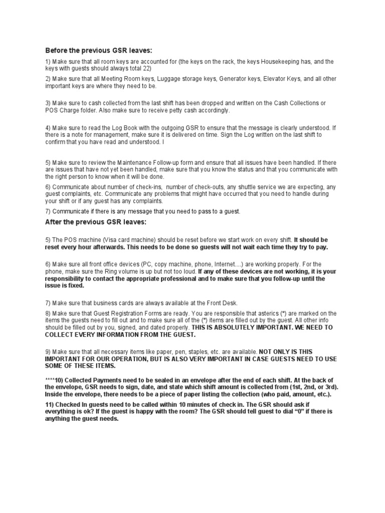 Front Desk Checklist PDF Business