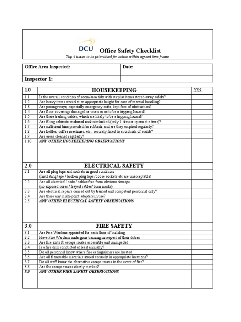 Office Safety Inspection Checklist | PDF | Chair | Fire Safety