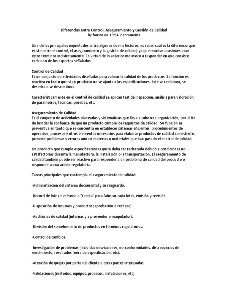 Diferencias Entre Control Aseguramiento y Gesion de La Calidad | PDF ...