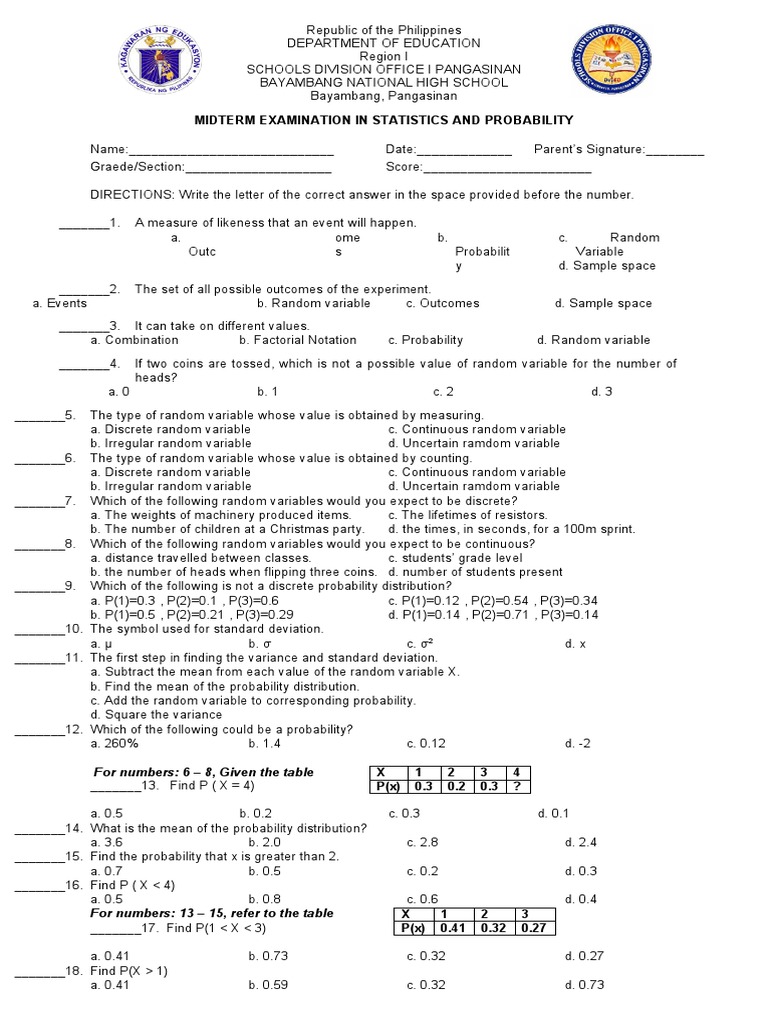 Midterm Examination in Statistics and Probability: For Numbers: 6 - 8 ...