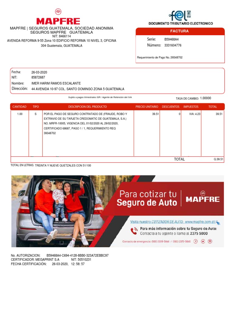 Factura de Seguro Mapfre Guatemala | PDF
