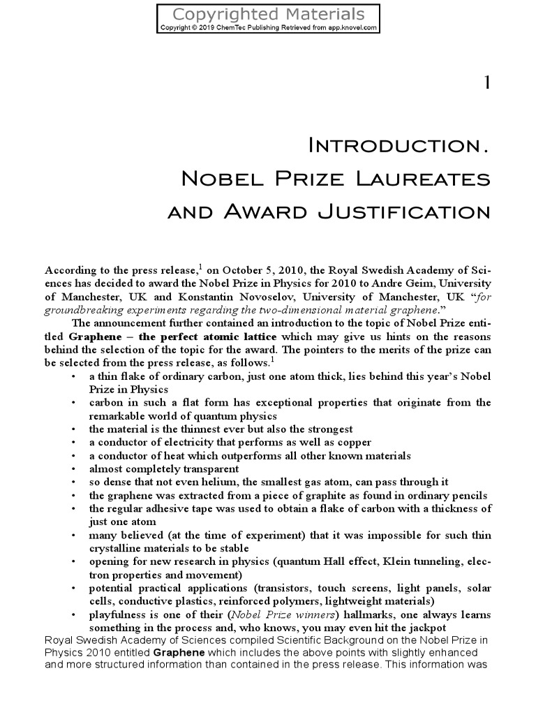 Nobel Prize Laureates and Award Justification PDF Graphene Materials