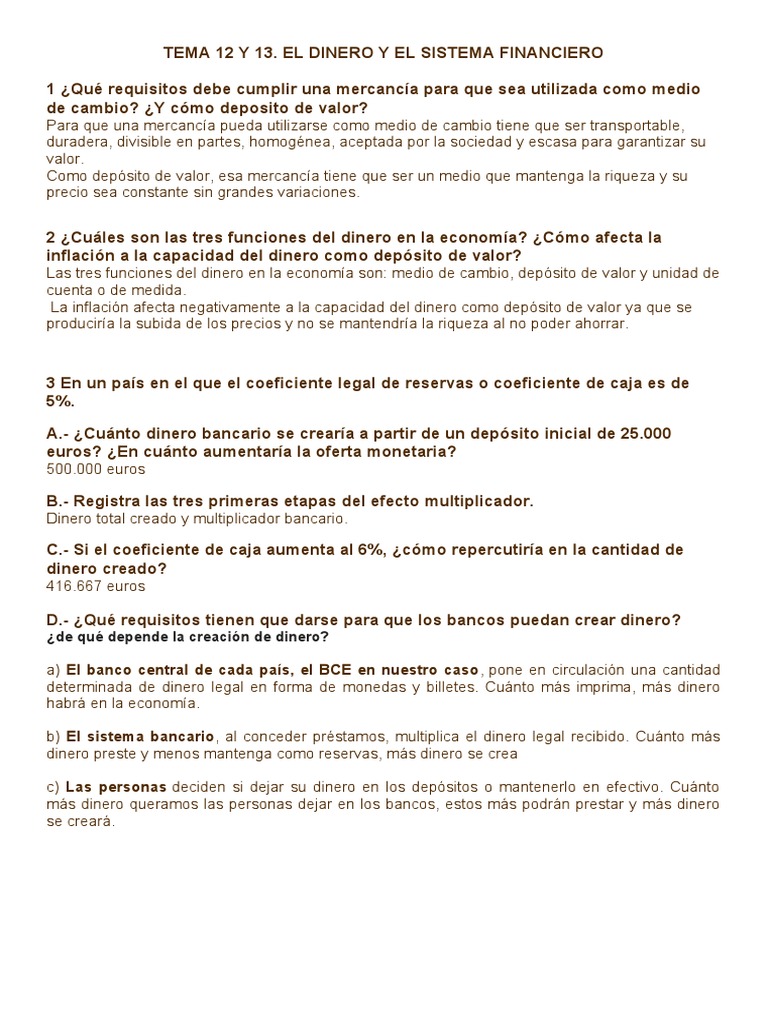 Tema 12 y 13. El Dinero y El Sistema Financiero Ejercicios Resueltos ...
