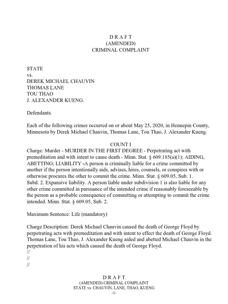 Floyd Draft Amended Complaint Against Chauvin, Lane, Tou Thao, Kueng