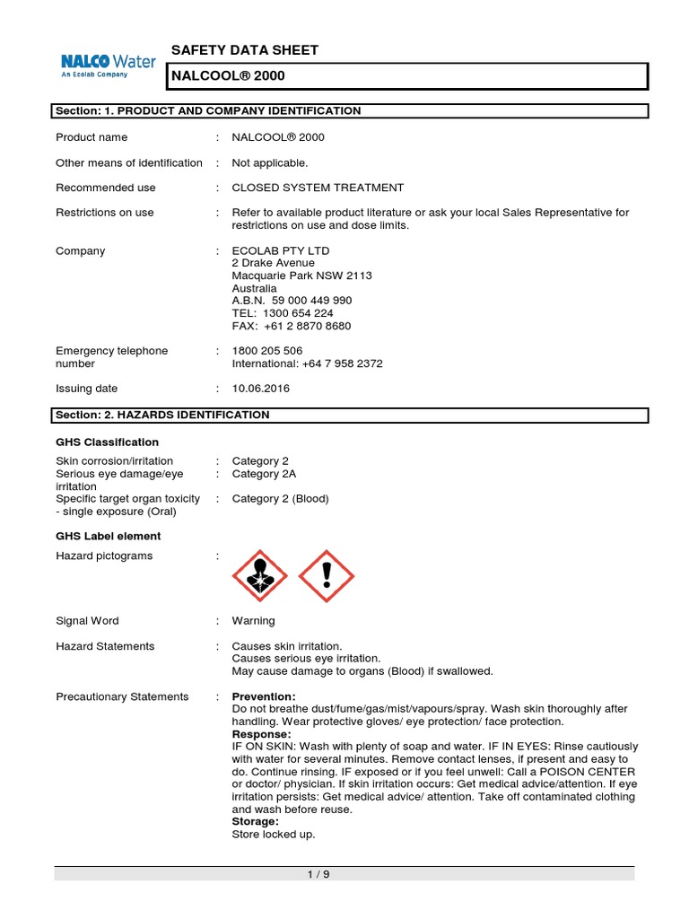 Safety Data Sheet NALCOOL® 2000 Section 1. Product and Company