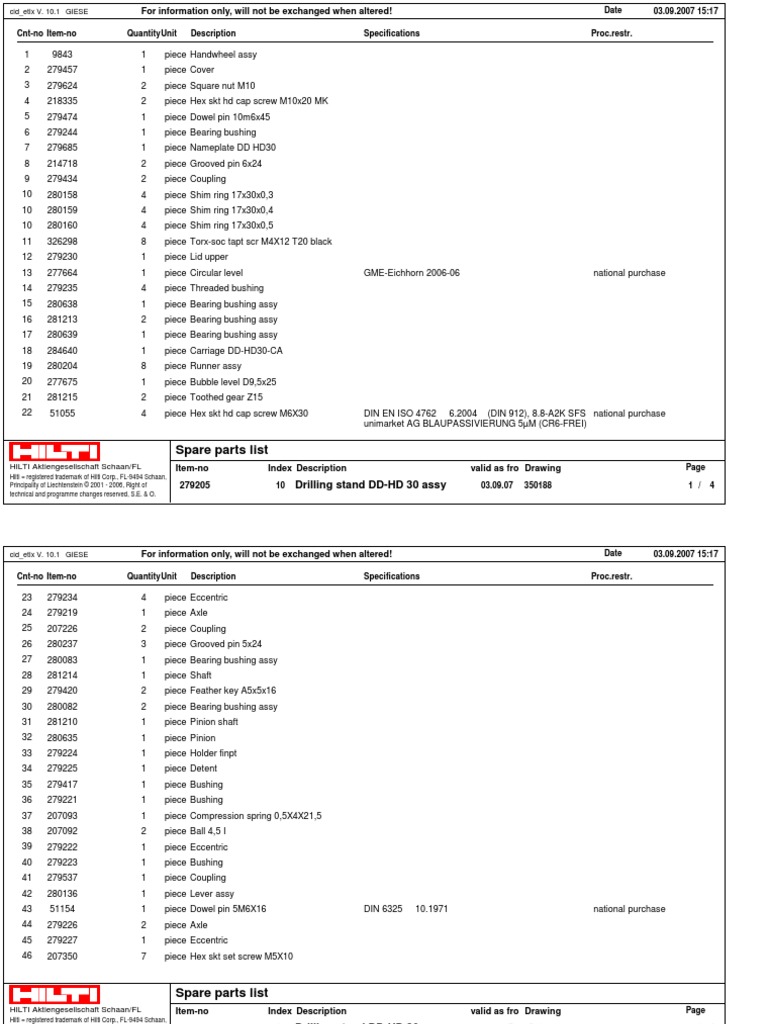 Spare Parts List Drilling Stand DDHD 30 Assy PDF Machines