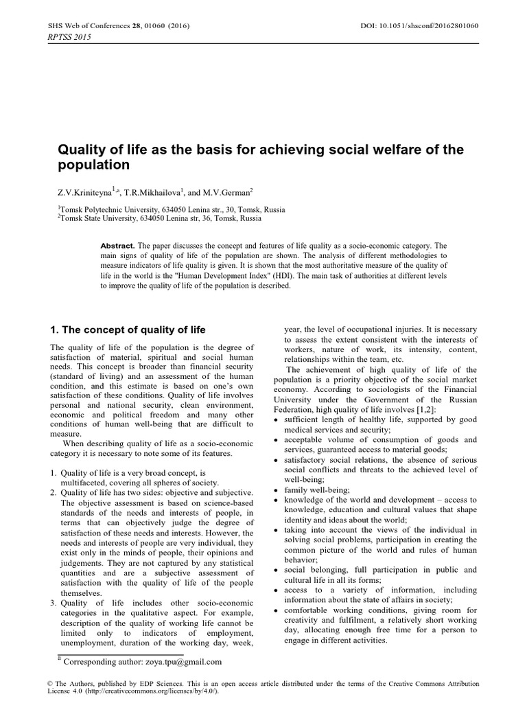 Quality of Life As The Basis For Achieving Social Welfare of The ...
