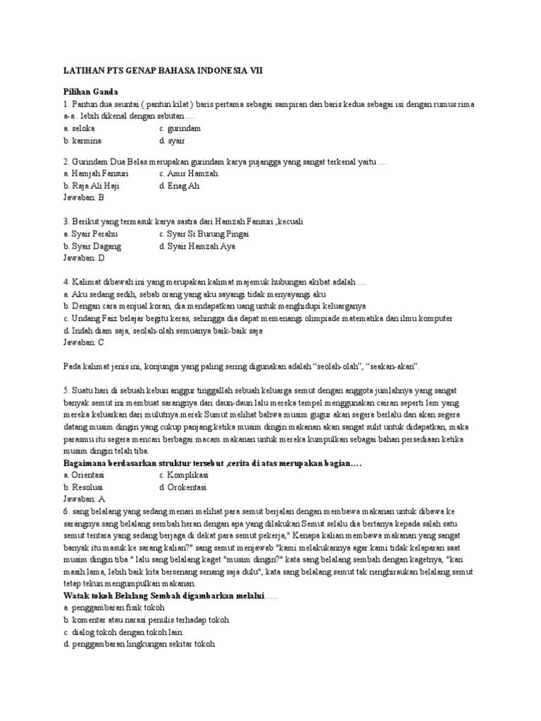 Latihan Pts Genap Bahasa Indonesia Vii