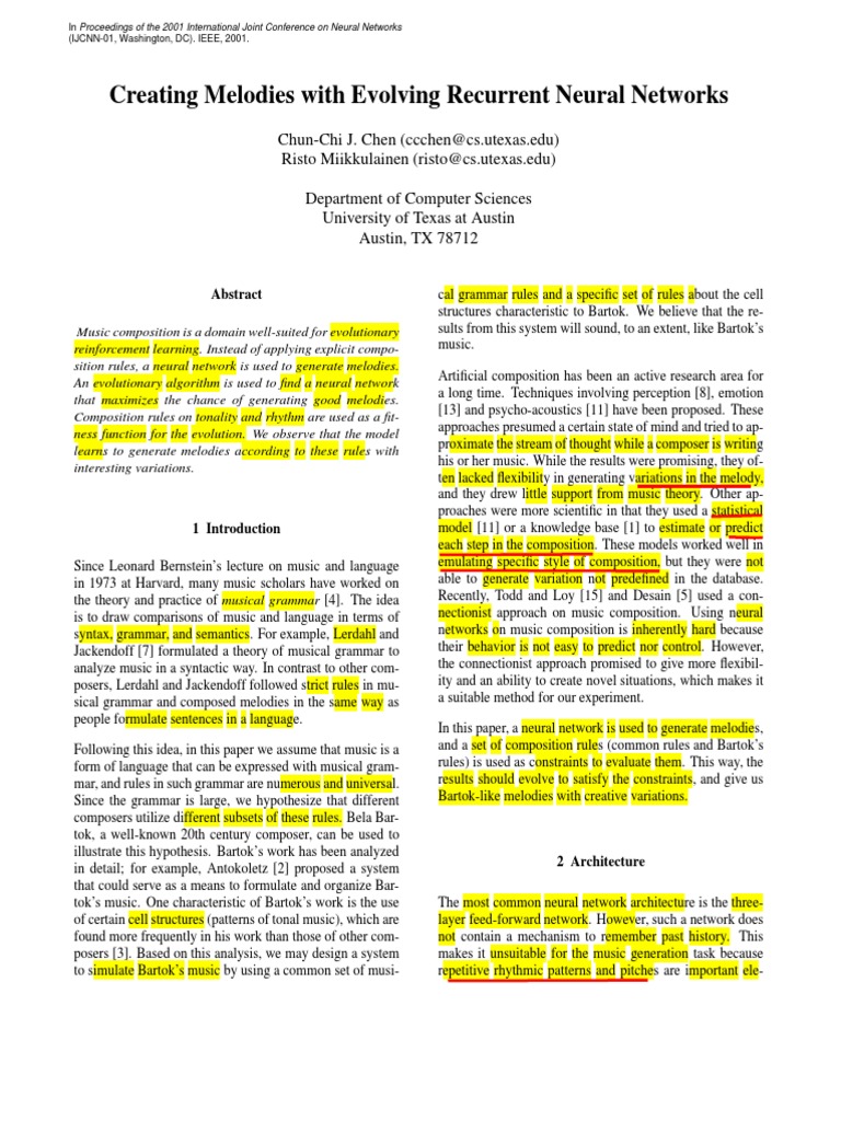 Evolving Neural Networks for Melody Generation | PDF | Pitch (Music ...