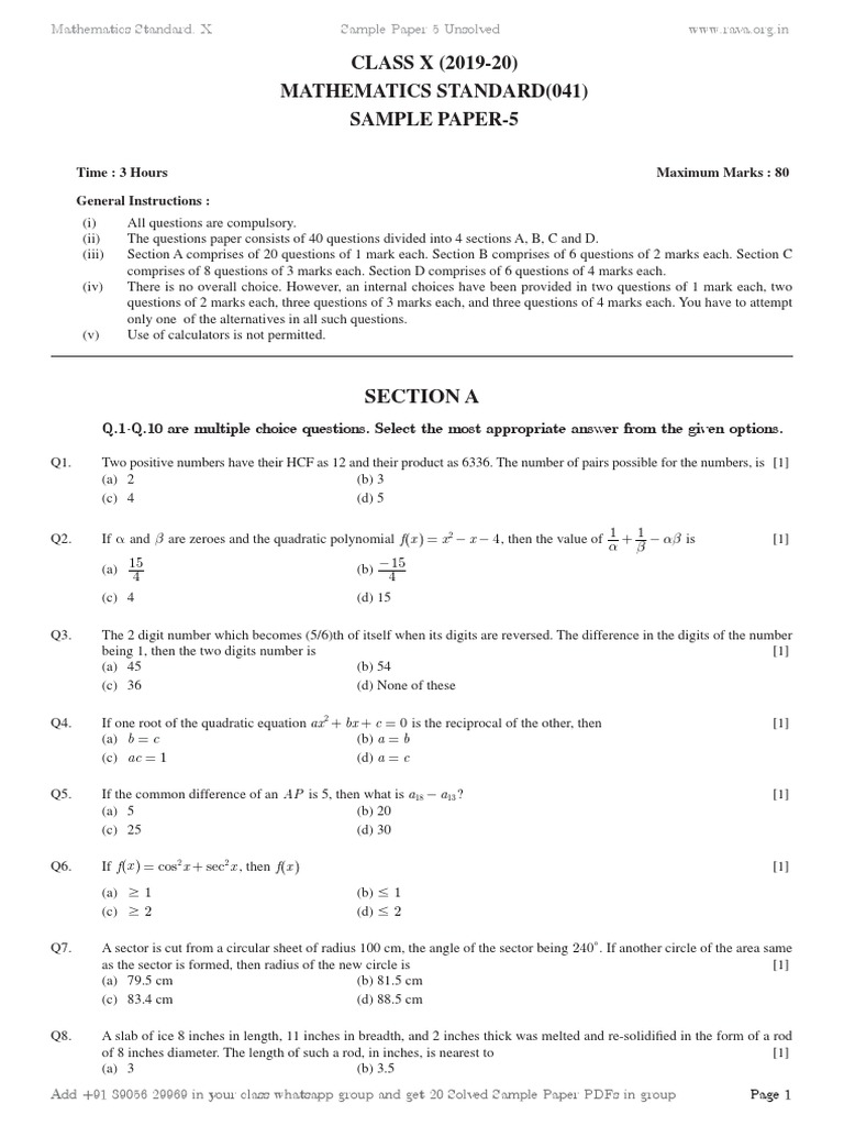 Class X Mathematics Sample Paper 5 | PDF | Circle | Area