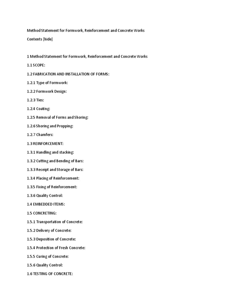 Method Statement for Concrete Works | PDF | Concrete | Materials