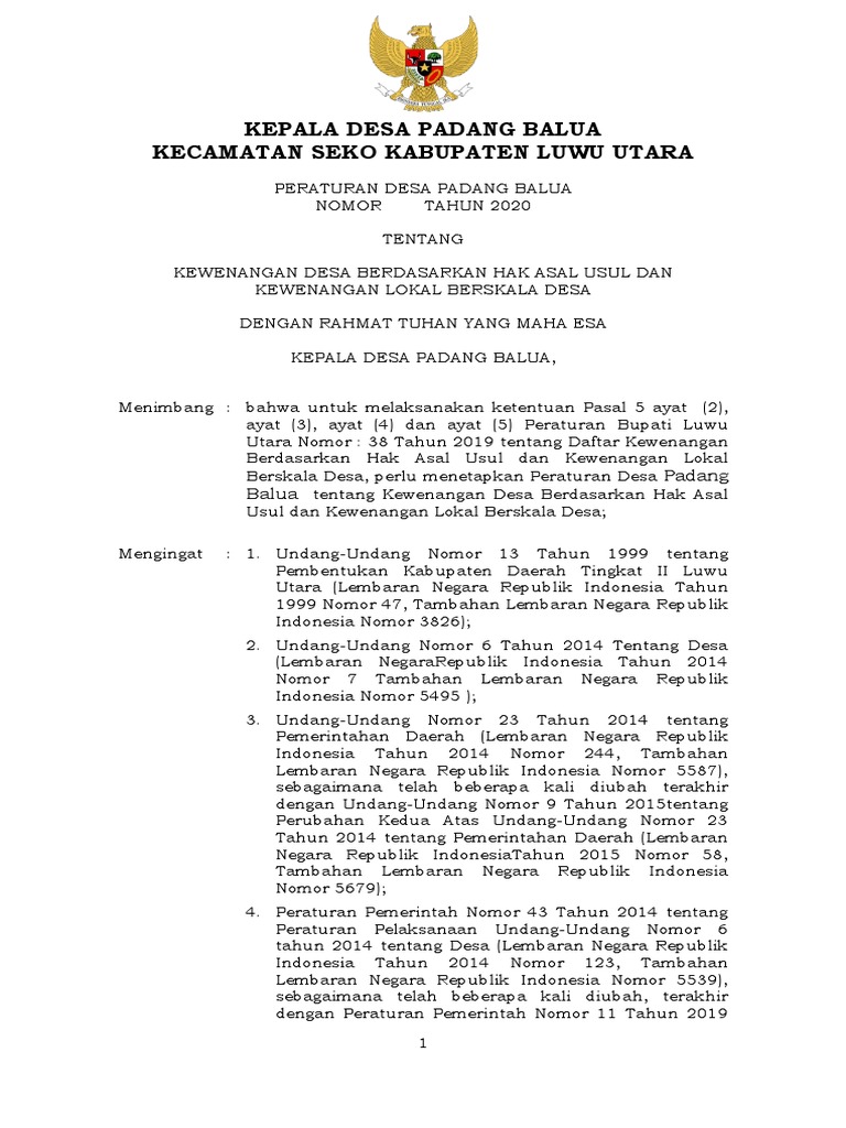 Kewenangan Desa Padang Balua 2020 | PDF