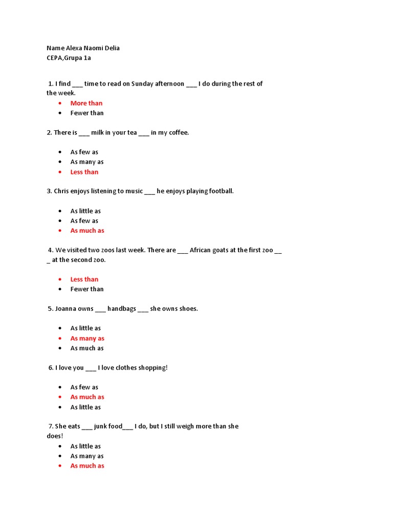 Comparative Quantities Exercises | PDF