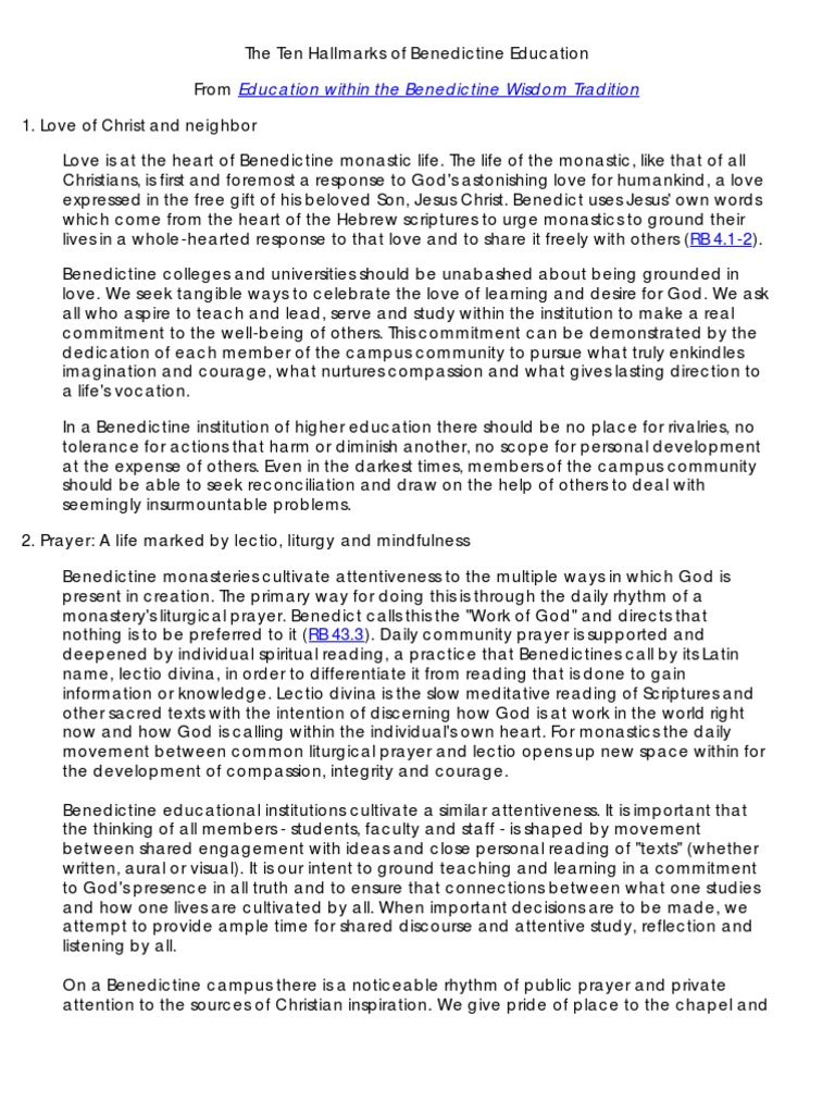 Ten Hallmarks of Benedictine Education | PDF | Lectio Divina | Prayer